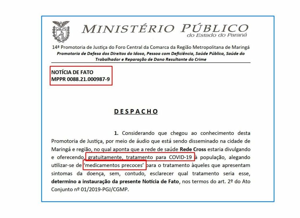 MP dá prazo de 24h para que Rede Cross esclareça tratamento gratuito para Covid em Maringá
                
                    Promotora Michele Nader dá 5 dias para Vigilância Sanitária realizar inspeção nas instalações da empresa