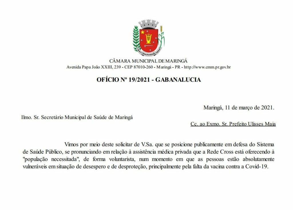 "Secretário de Saúde se posicione em defesa do Sistema Público de Saúde", diz vereadora em ofício enviado à prefeitura e ao MP
                
                    Vereadora Ana Lúcia Rodrigues enviou ofício ao secretário municipal de saúde Marcelo Puzzi, ao prefeito Ulisses Maia e ao Ministério Público - Promotoria de Saúde