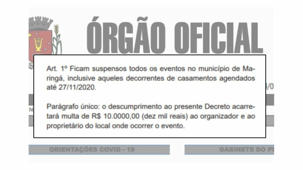 Decreto suspende todos os eventos e casamentos em Maringá. (com errata)
                
                    Medida inclui casamentos já agendados. Multa é de R$ 10 mil