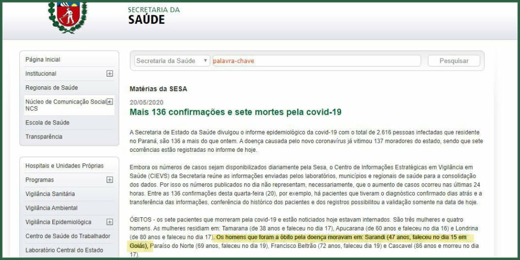 CORONAVÍRUS: Sarandi tem óbito confirmado pela Secretaria Estadual de Saúde