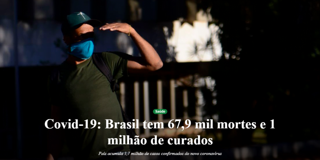 COVID-19: Brasil tem 1 milhão de curados mas 713 mil pessoas ainda estão doentes. Mortes sobem para 67.964. Quarta registrou 1.223 mortes 2