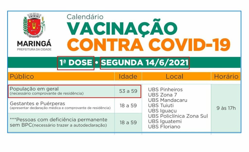 53 ANOS: Atenção para o calendário de vacinação contra a Covid de segunda-feira em Maringá