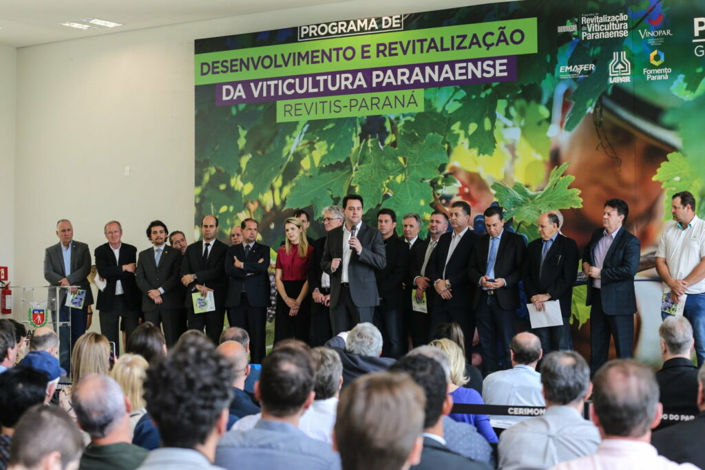 AGRICULTURA: Programa inédito vai revitalizar a produção de uvas no Paraná. Uvas de Marialva já têm indicação geográfica
                
                    Lançado pelo governador Ratinho Junior, programa Revitis é uma resposta à falta de parreiras para atender a indústria local de sucos e vinhos. Ele vai incentivar a produção, reorganizar a comercialização, desenvolver o turismo e apoiar a agroindústria.