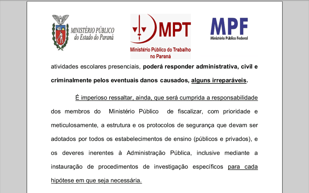 Centros de Apoio da Saúde e da Educação do MPPR reforçam posicionamento contrário à retomada das atividades escolares no Paraná