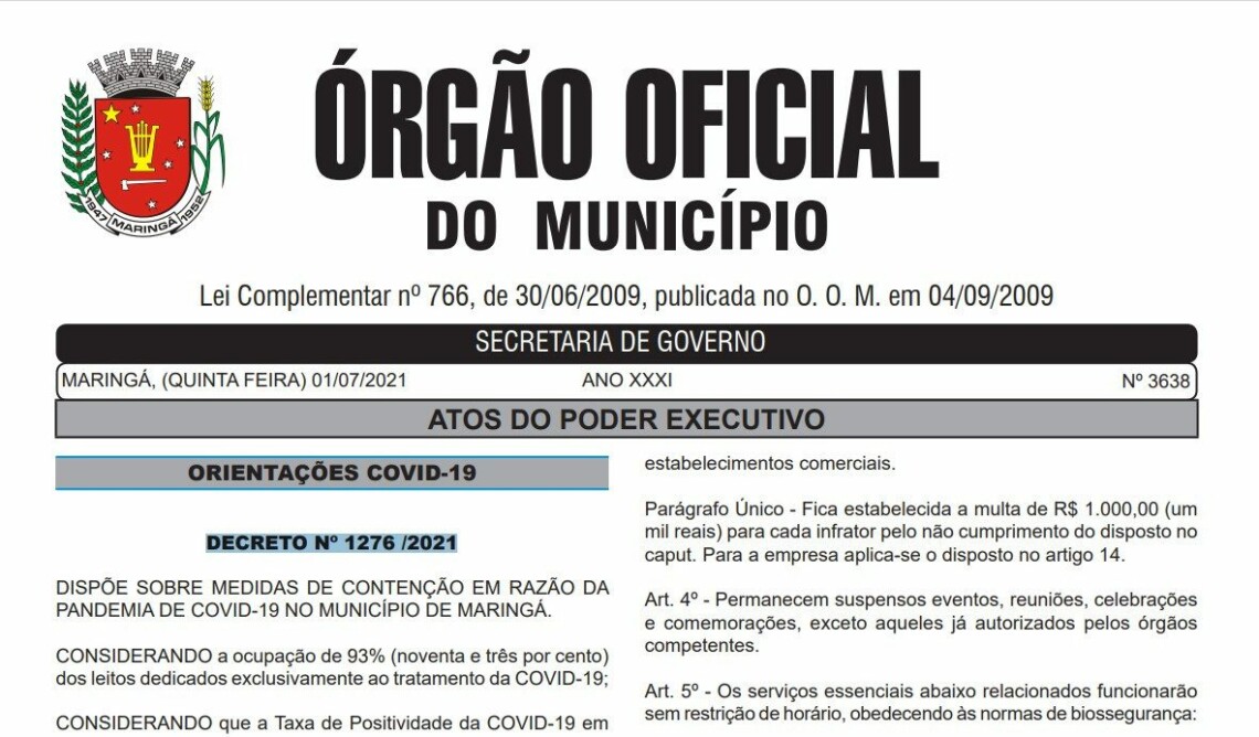 DECRETO MARINGÁ: Liberado o uso de praças, parques e pistas de caminhadas. Leia o documento na íntegra
                
                    O documento é válido a partir das a partir das 5 horas desta sexta, 2 de julho, até as 23h59 de 12 julho.