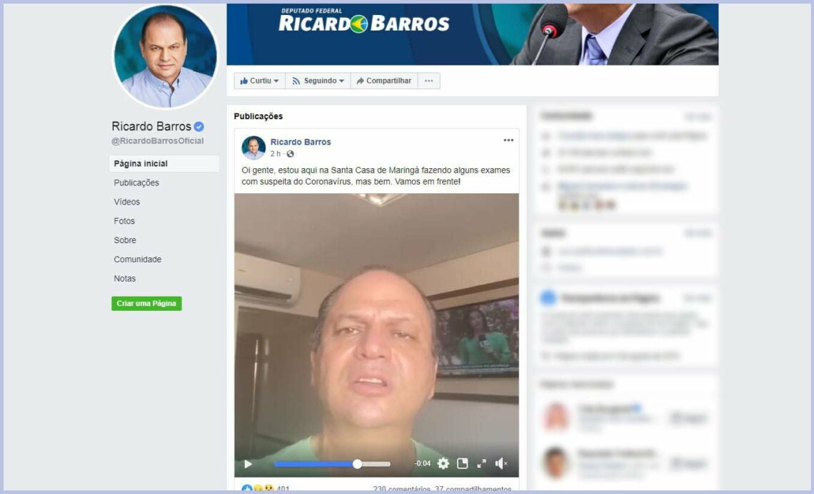 Deputado Federal Ricardo Barros (PP),  é internado com suspeita de Coronavírus