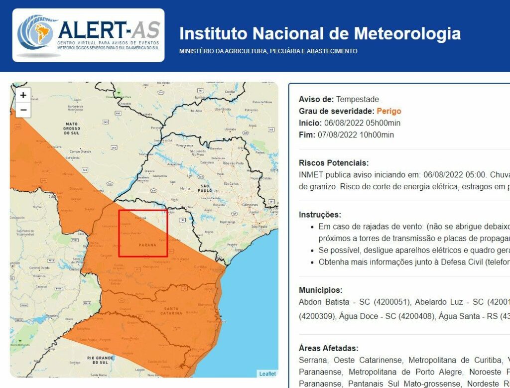 INMET lança alerta para risco de tempestade em Maringá e Região