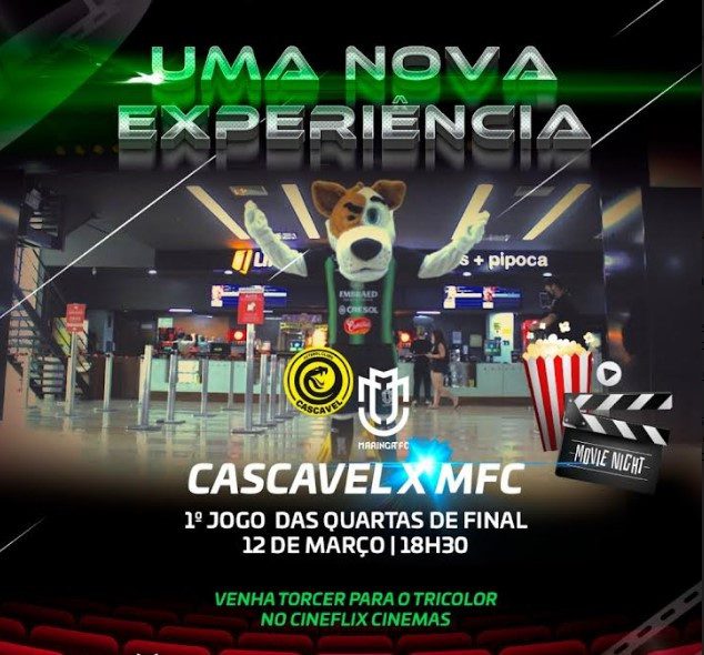 Jogo do Maringá FC contra o Cascavel será transmitido ao vivo no cinema
                
                    A partida de ida, válida pela quartas de final do Paranaense, será neste sábado, 12, às 18h30 em Cascavel