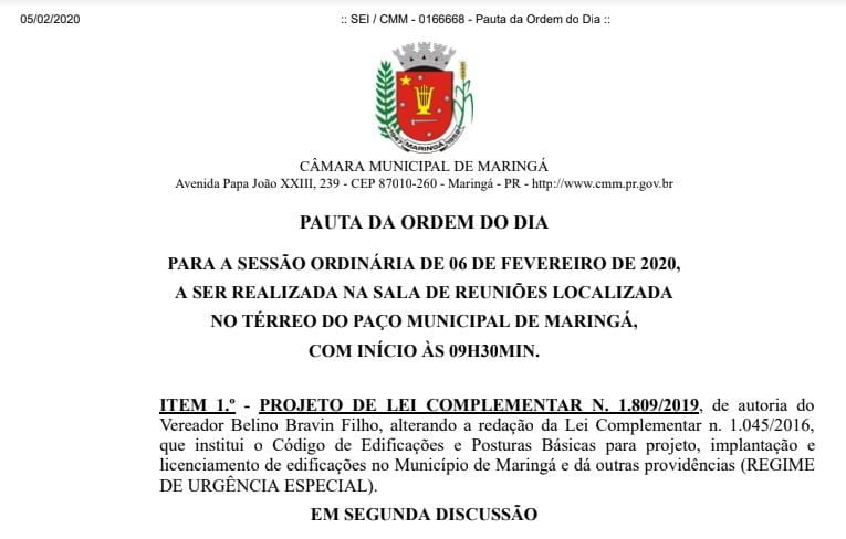 LEGISLATIVO MARINGÁ: Vereadores votam seis projetos e treze requerimentos na sessão desta quinta, 6 
                
                    Segunda sessão da Câmara acontece em sala térrea de reuniões da Prefeitura. Reforma do plenário deve ficar pronta para a próxima sessão de terça, 11