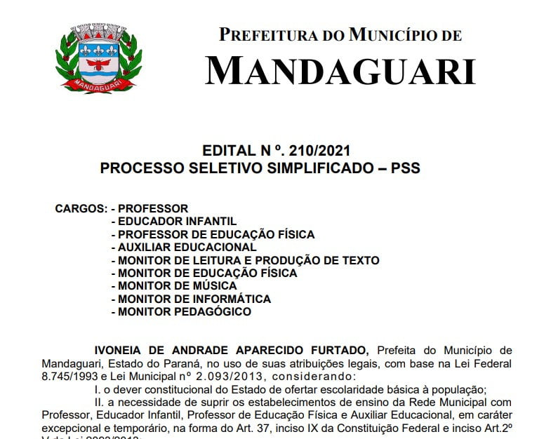 MANDAGUARI: Inscrições para Processo Seletivo na área de Educação acontecem entre 30/11  e 01/12