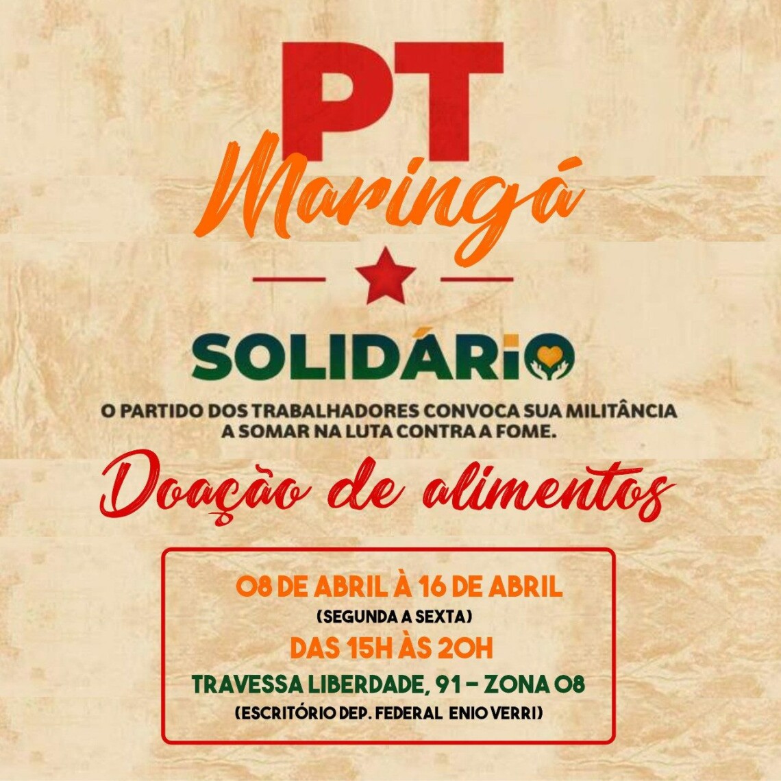 PT do Paraná arrecada alimentos para ajudar famílias em dificuldades
                
                    As doações serão entregues a entidades assistenciais que fazem distribuição de alimentos a famílias cadastradas