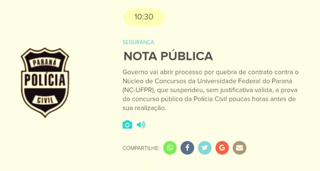 QUEBRA DE CONTRATO: Governo anuncia processo contra Núcleo de Concursos da UFPR