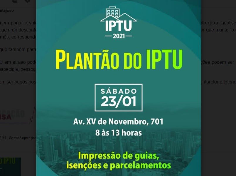 Sábado, 23, vai ter "Plantão do IPTU" na Prefeitura de Maringá
                
                    Guias podem ser impressas online