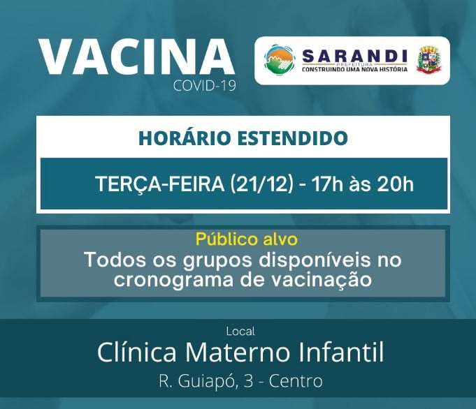 Sarandi estende horário de vacinação na terça-feira, 21