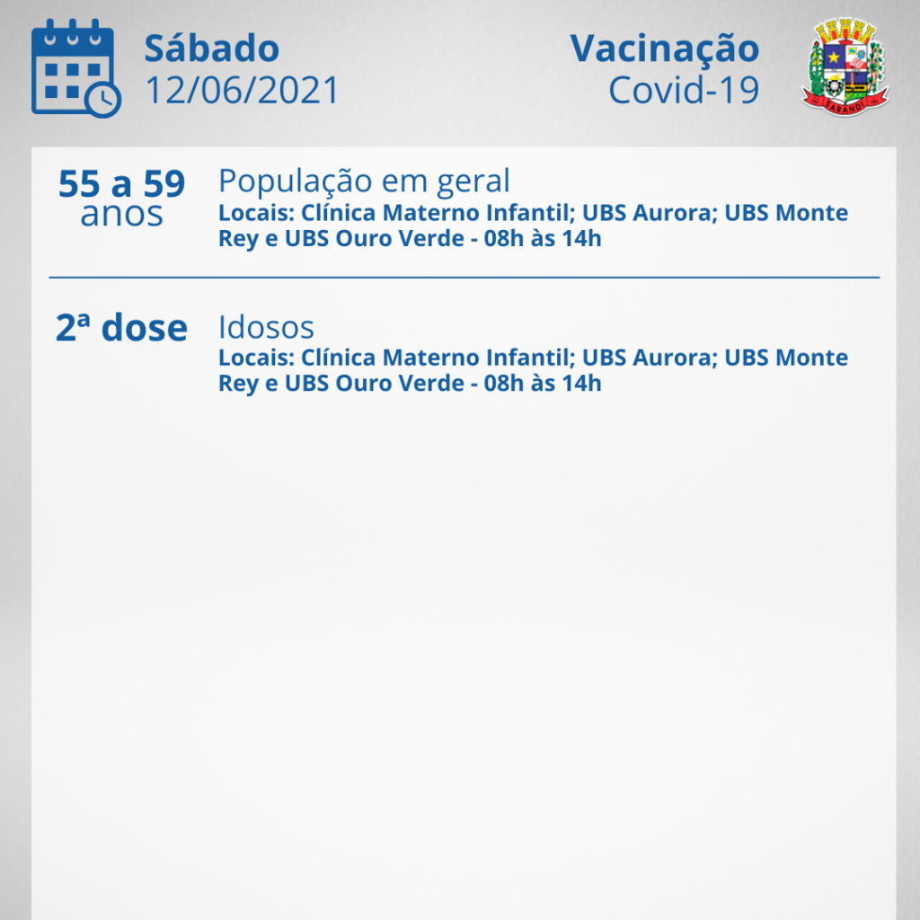 Sarandi  vacina pessoas de 55 a 59 anos neste sábado, 12  
                
                    Confira horários e locais de vacinação em Sarandi .