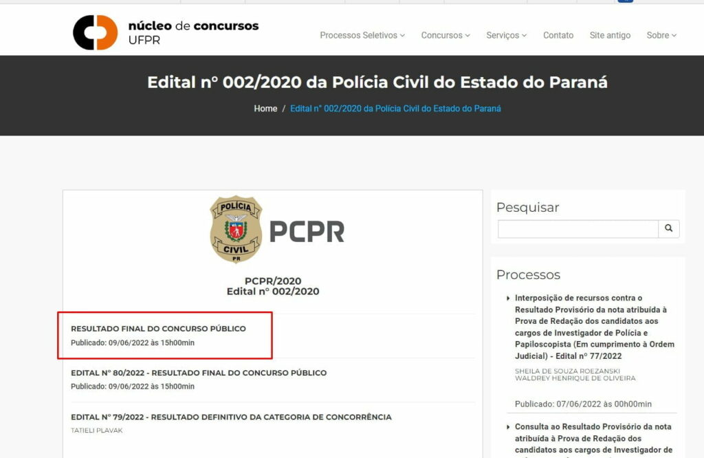 UFPR divulga o resultado final do concurso da Polícia Civil do Paraná