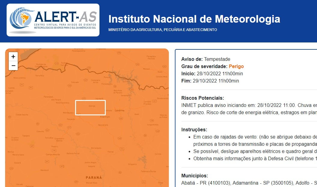 Inmet alerta para risco de temporal em Maringá e região