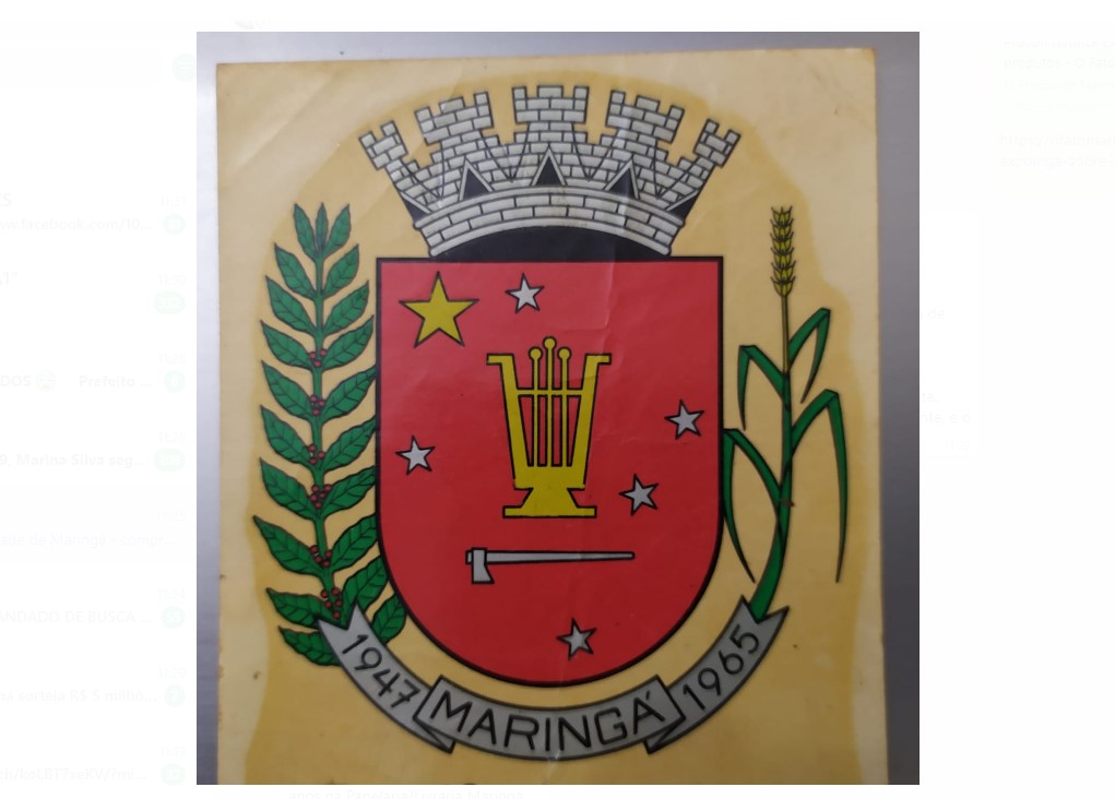 Decalcomania do Brasão da cidade de Maringá - comprado há muitos anos na Papelaria/Livraria Maringá. Acervo de JC Cecilio