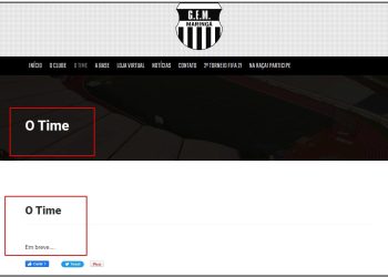 No site do clube se lê na tela "o time", a escrita EM BREVE