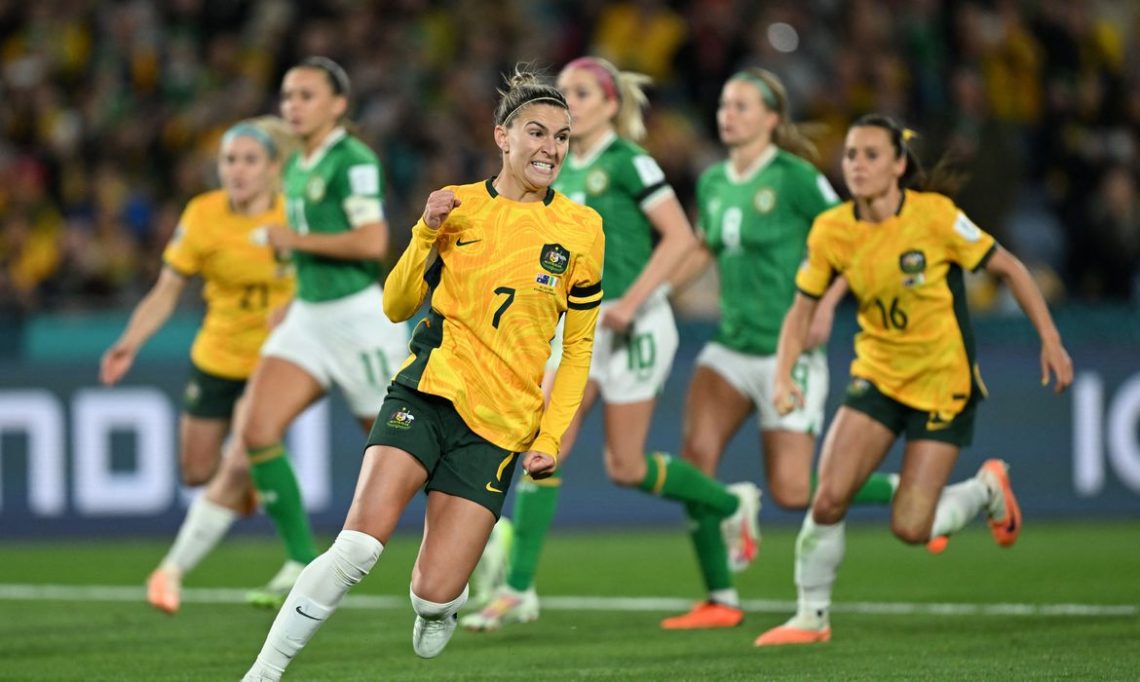 Soccer Football - FIFA Women’s World Cup Australia and New Zealand 2023 - Group B - Australia v Republic of Ireland - Stadium Australia, Sydney, Australia - July 20, 2023
Australia's Steph Catley celebrates scoring their first goal REUTERS/Jaimi Joy