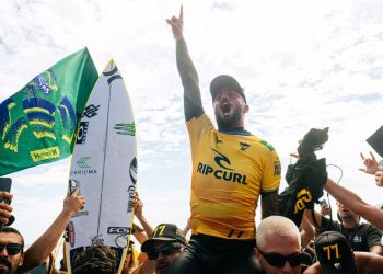 LOWER TRESTLES, CALIFORNIA, UNITED STATES - SEPTEMBER 9: WSL Champion Filipe Toledo of Brazil after winning the 2023 World Title after Title Match 2 of the Finals at the Rip Curl WSL Finals on September 9, 2023 at Lower Trestles, California, United States. (Photo by Thiago Diz/World Surf League)