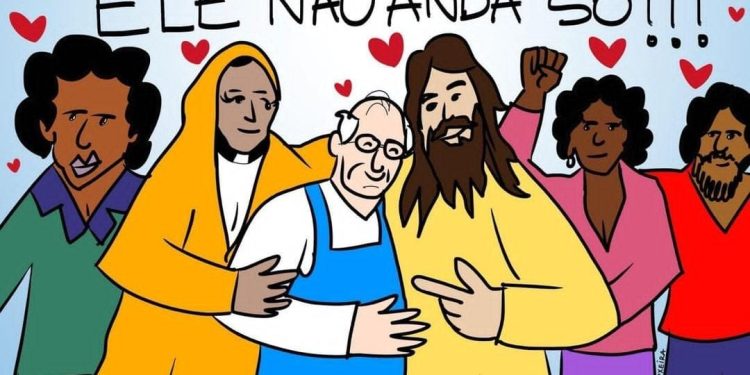 Ilustração com a frase "Não mexa com Padre Lancelotti, ele não anda só",  coloca o padre da população de rua ao lado de Cristo e Santos.