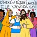 Ilustração com a frase "Não mexa com Padre Lancelotti, ele não anda só",  coloca o padre da população de rua ao lado de Cristo e Santos.