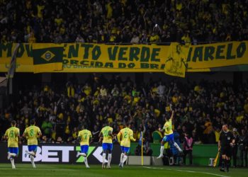 Torcida comemora com os jogadores o gol da vitória da seleção brasileira. Foto: Raphael Brauhardt/ FPF