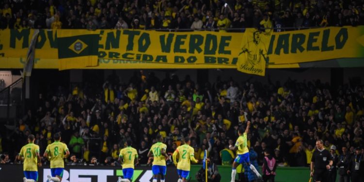 Torcida comemora com os jogadores o gol da vitória da seleção brasileira. Foto: Raphael Brauhardt/ FPF