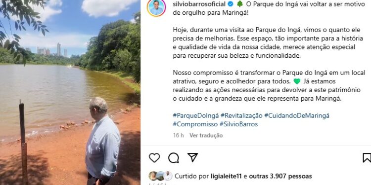 Na foto, o prefeito de Maringá Silvio Barros (PP) observa o  lago do Parque hoje tem nível de água muito baixo. FOTO - ASC/PMM