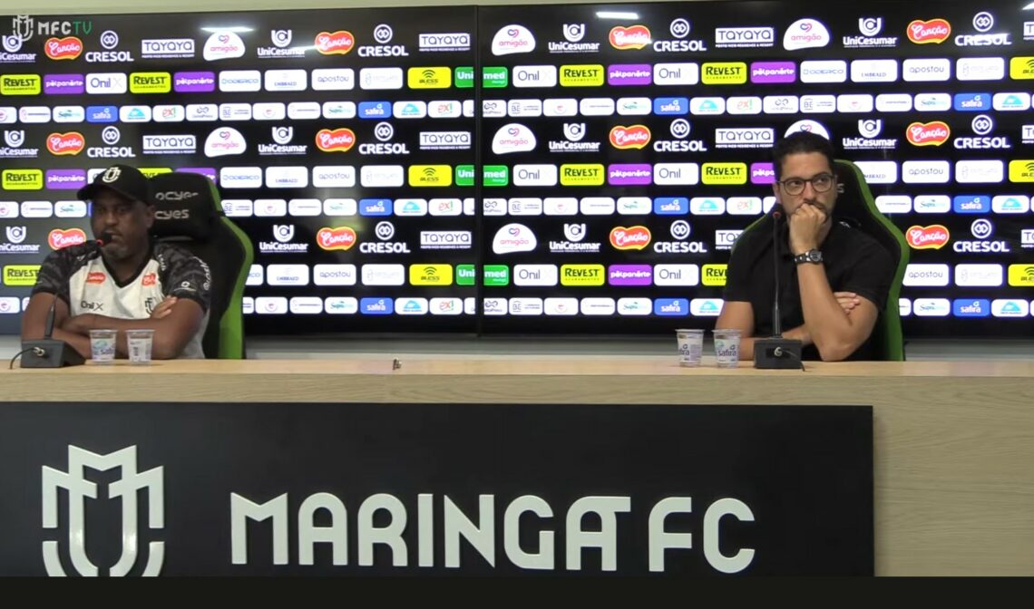 No frame do vídeo da entrevista coletiva realizada manhã desta terça-feira, 4, o técnico Jorge Castilho e o presidente do Maringá Futebol Cube SAF - João Vitor Mazzer